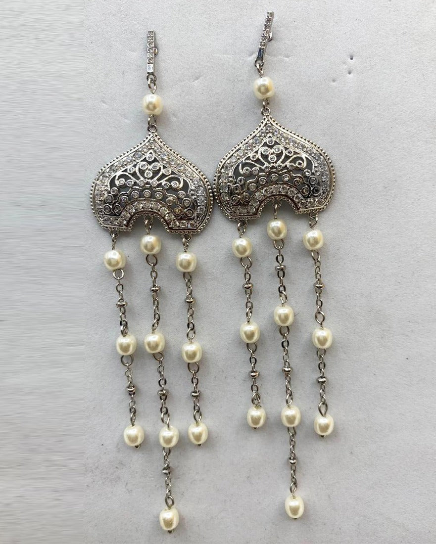 Silver Pearl Tassel Statement Earrings