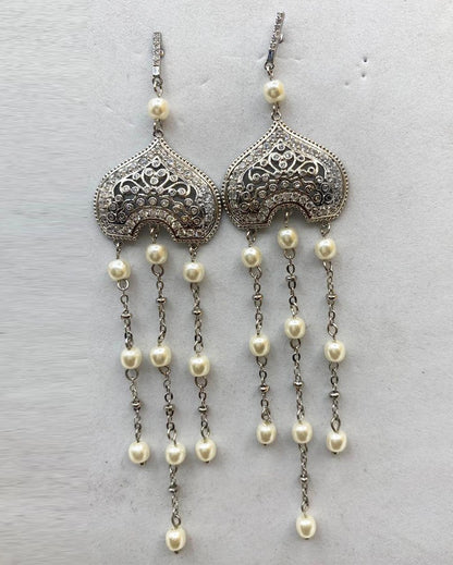 Silver Pearl Tassel Statement Earrings