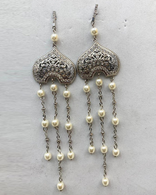 Silver Pearl Tassel Statement Earrings