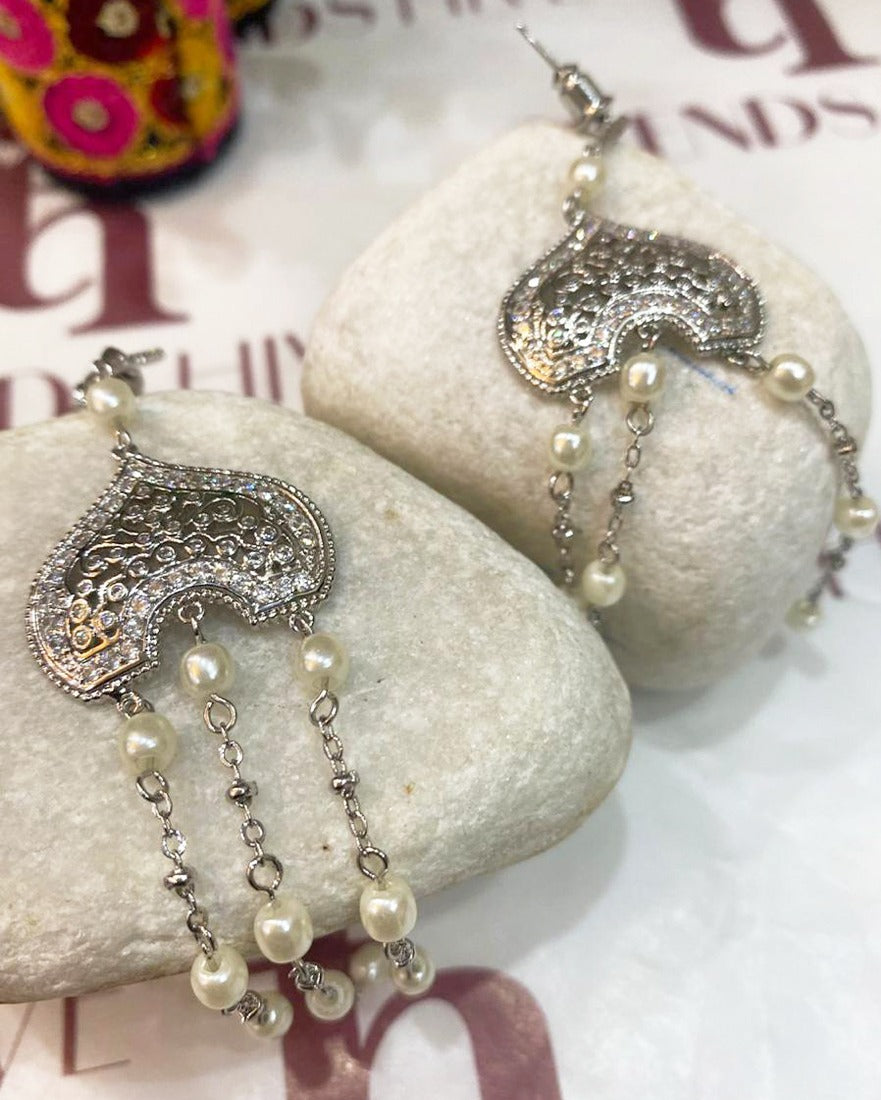 Silver Pearl Tassel Statement Earrings