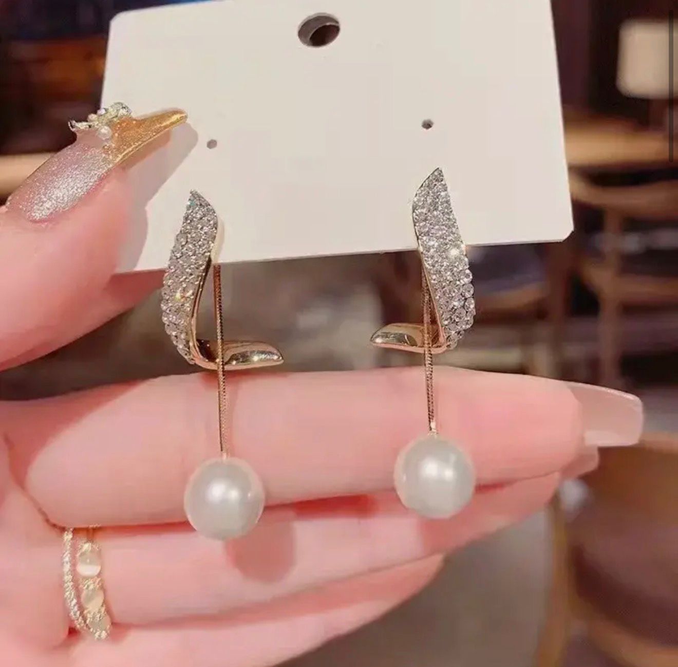 Crystal Pearl Threader Drop Earrings