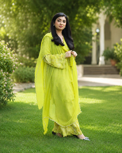 Lime Green Printed Lawn 3-Piece Suit with Chiffon Dupatta
