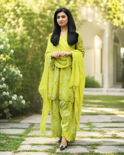 Lime Green Printed Lawn 3-Piece Suit with Chiffon Dupatta