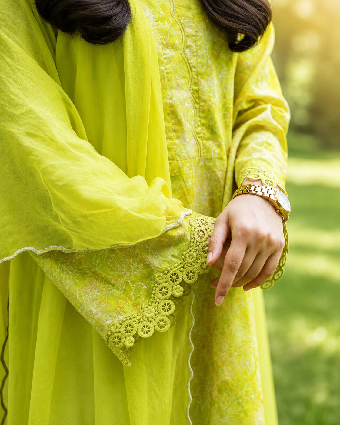 Lime Green Printed Lawn 3-Piece Suit with Chiffon Dupatta
