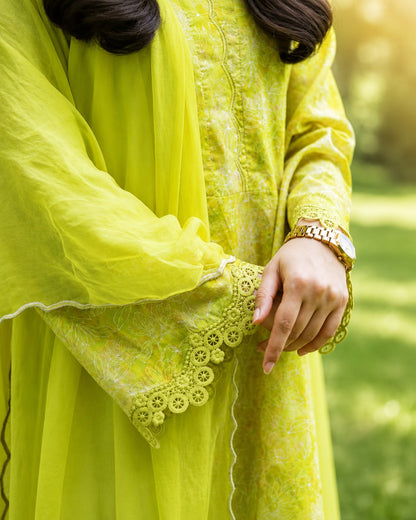 Lime Green Printed Lawn 3-Piece Suit with Chiffon Dupatta