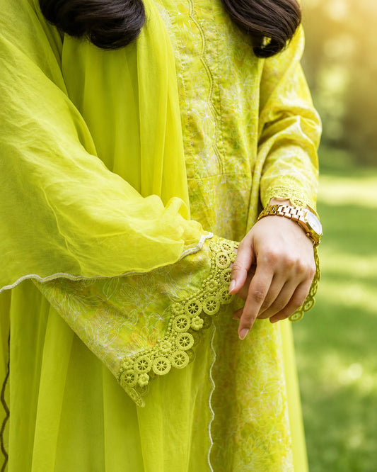 Lime Green Printed Lawn 3-Piece Suit with Chiffon Dupatta