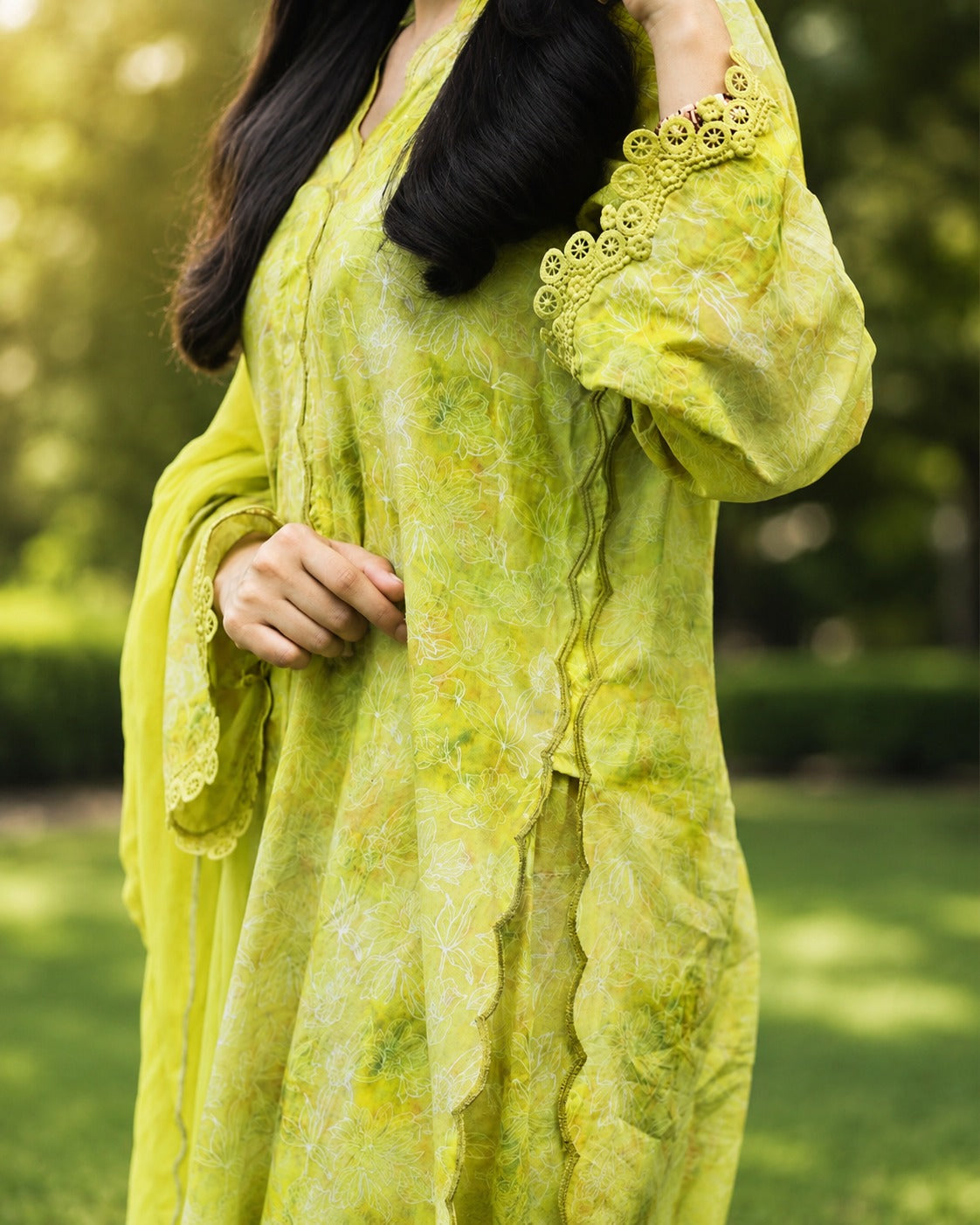 Lime Green Printed Lawn 3-Piece Suit with Chiffon Dupatta