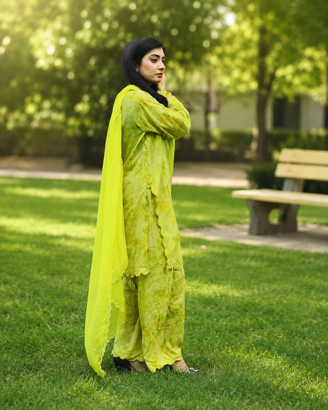 Lime Green Printed Lawn 3-Piece Suit with Chiffon Dupatta