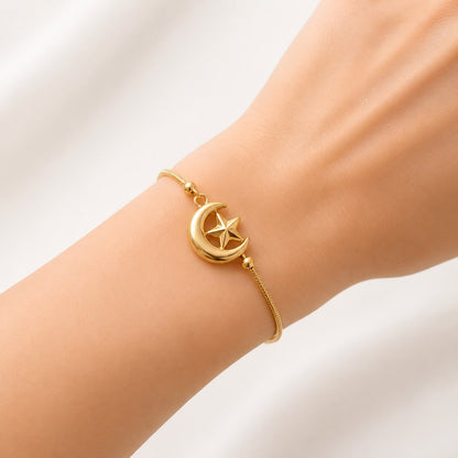 Gold Crescent Moon & Star Adjustable Bracelet