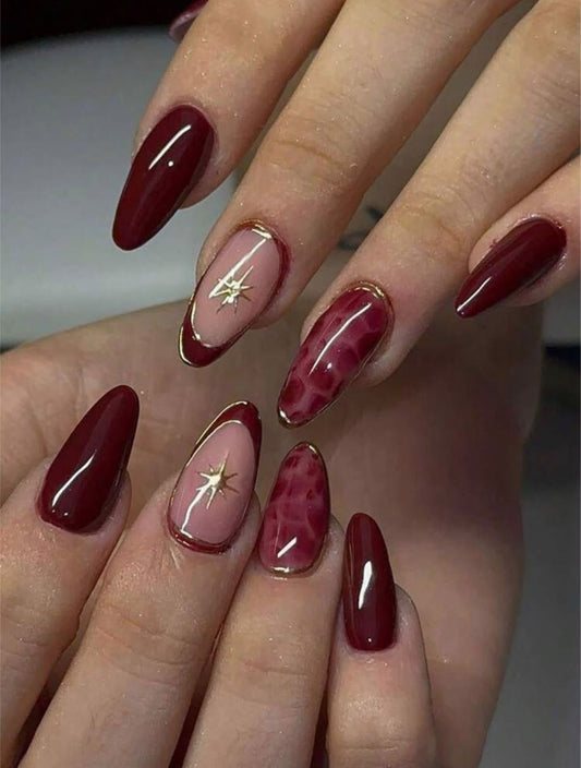 Burgundy Star Press-On Nails