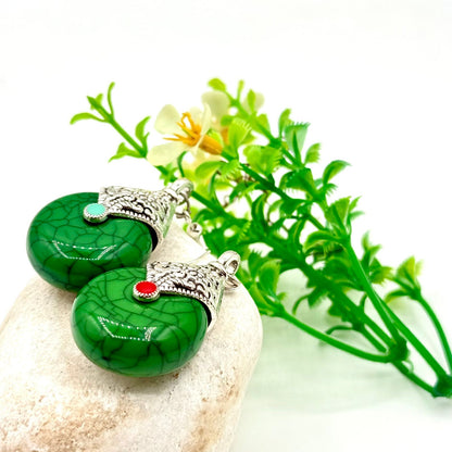 Elegant Teardrop Earrings Featuring Green Marbled Stones set in Silver Ornate -tone metal image 3