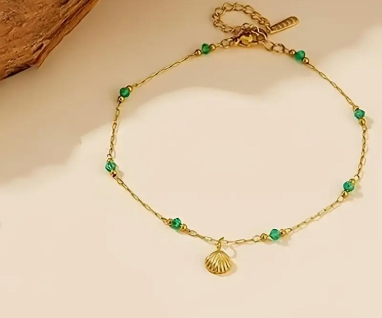 Elegant Shell & Green Bead Anklet - Durable Alloy, Perfect for Shopping, Dates, and Outdoor Activities image 2