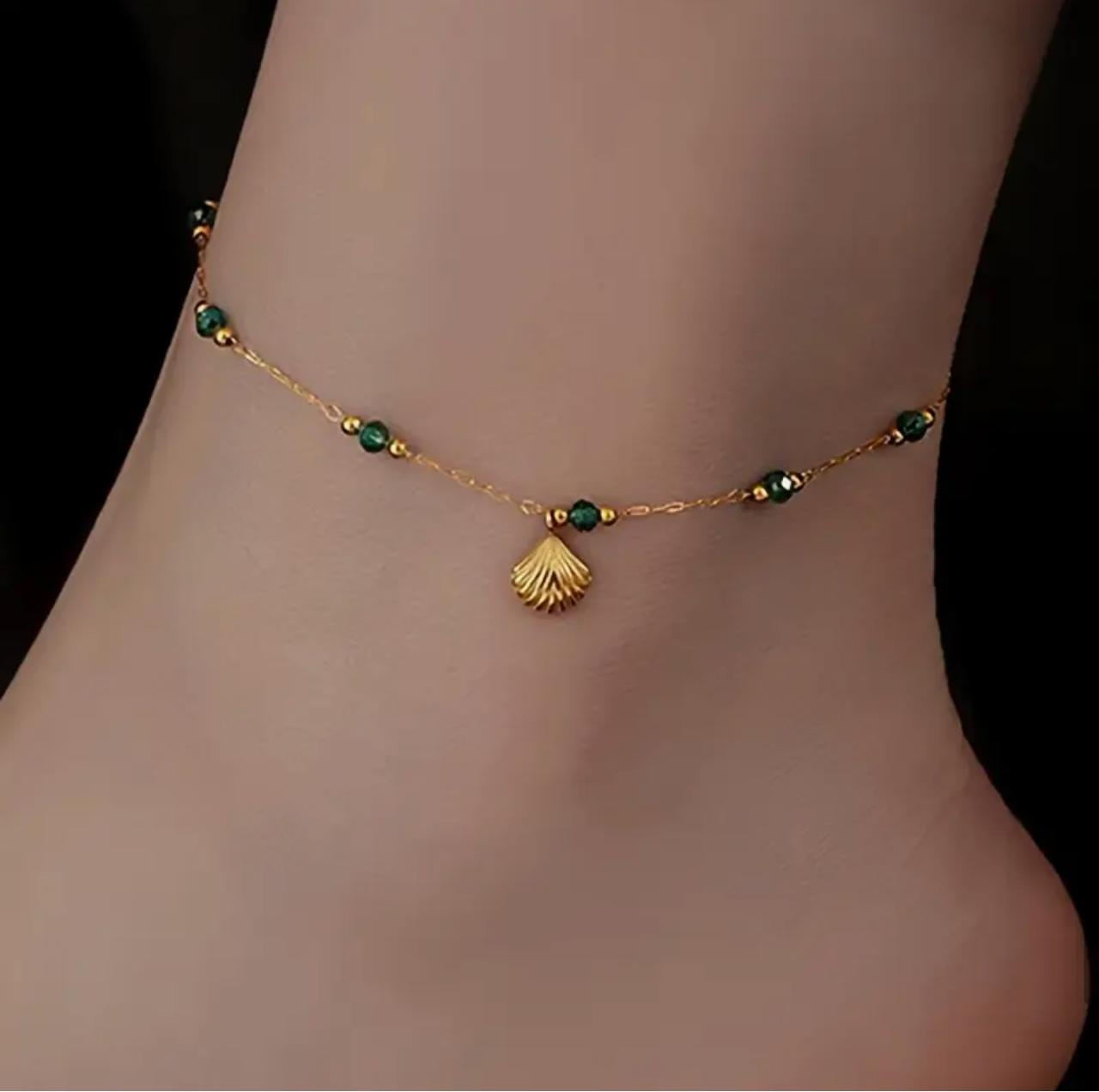 Elegant Shell & Green Bead Anklet - Durable Alloy, Perfect for Shopping, Dates, and Outdoor Activities image 0