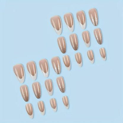 24pcs Medium Almond Press-On Nails, Glossy Pink French Style with Gradient Glitter image 2