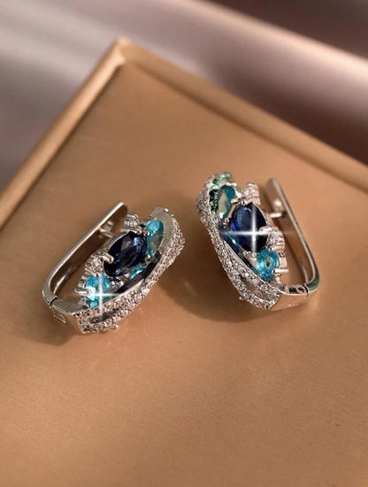 GORGEOUS BLUE WHITE CUBIC ZIRCONIA PAVED ELEGANT TRENDY ROUND D?COR EARRINGS image 5
