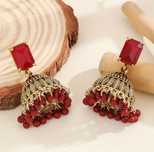 Vintage Jhumka Glamorous Inlaid Glass Square Tassel Drop Earrings image 1