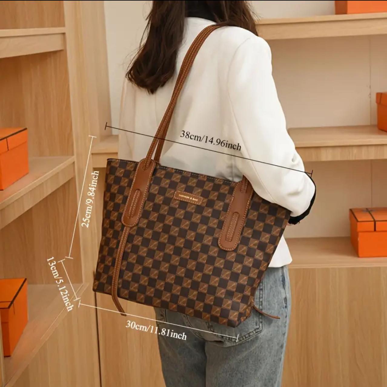 Elegant Large Capacity Tote Handbag with Fixed Shoulder Straps - Brown image