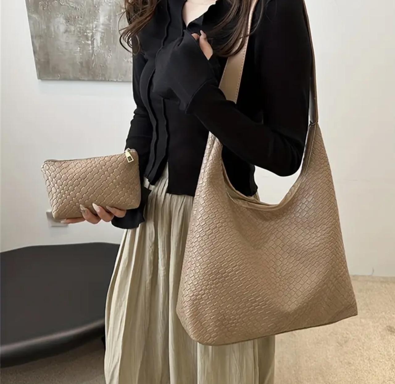 Casual woven fashion Women's large capacity shoulder bag and small handbag set image 2