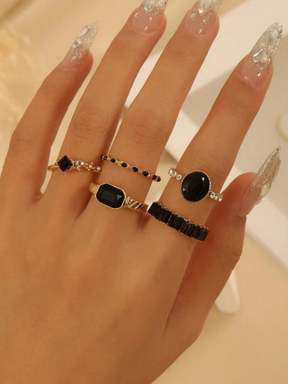 5pcs/set Simple Design Black Stone Inlaid Ring Set image 2