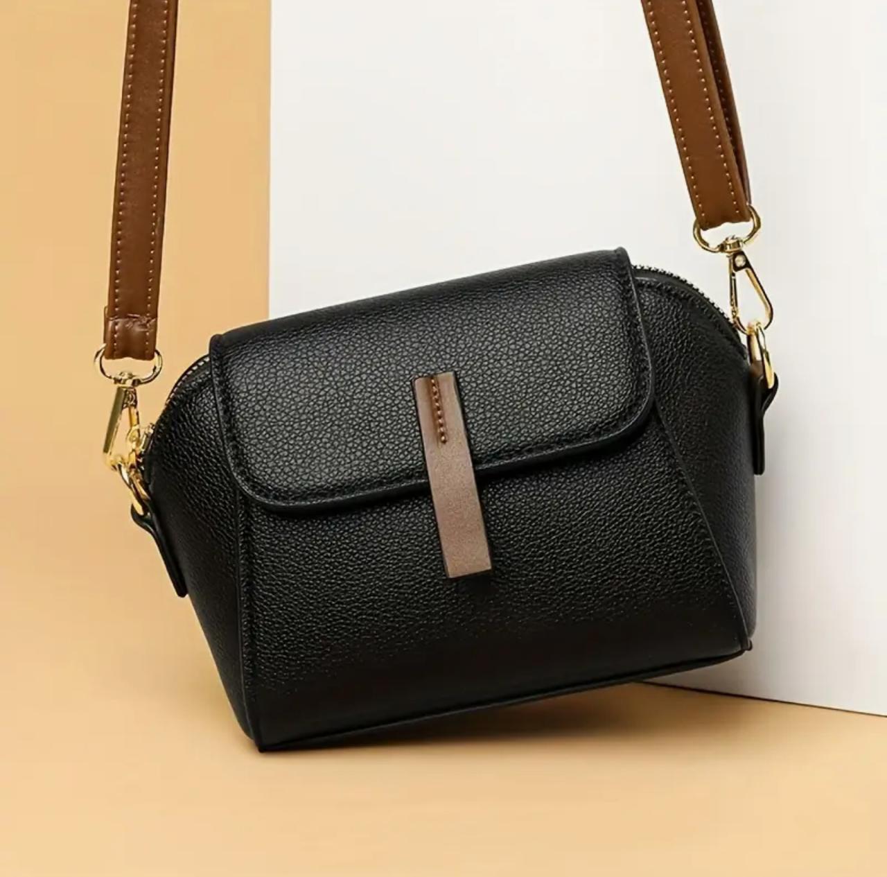 Stylish Women's Mini Crossbody Bag - Elegant Two-Tone Shoulder Purse with Adjustable Strap - Black image