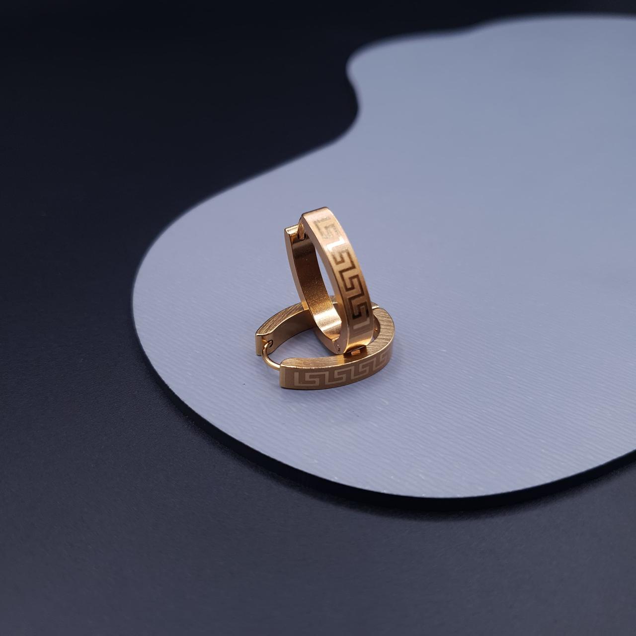 Elegant Gold-Tone Hoop Earrings with Greek Key Design image 1