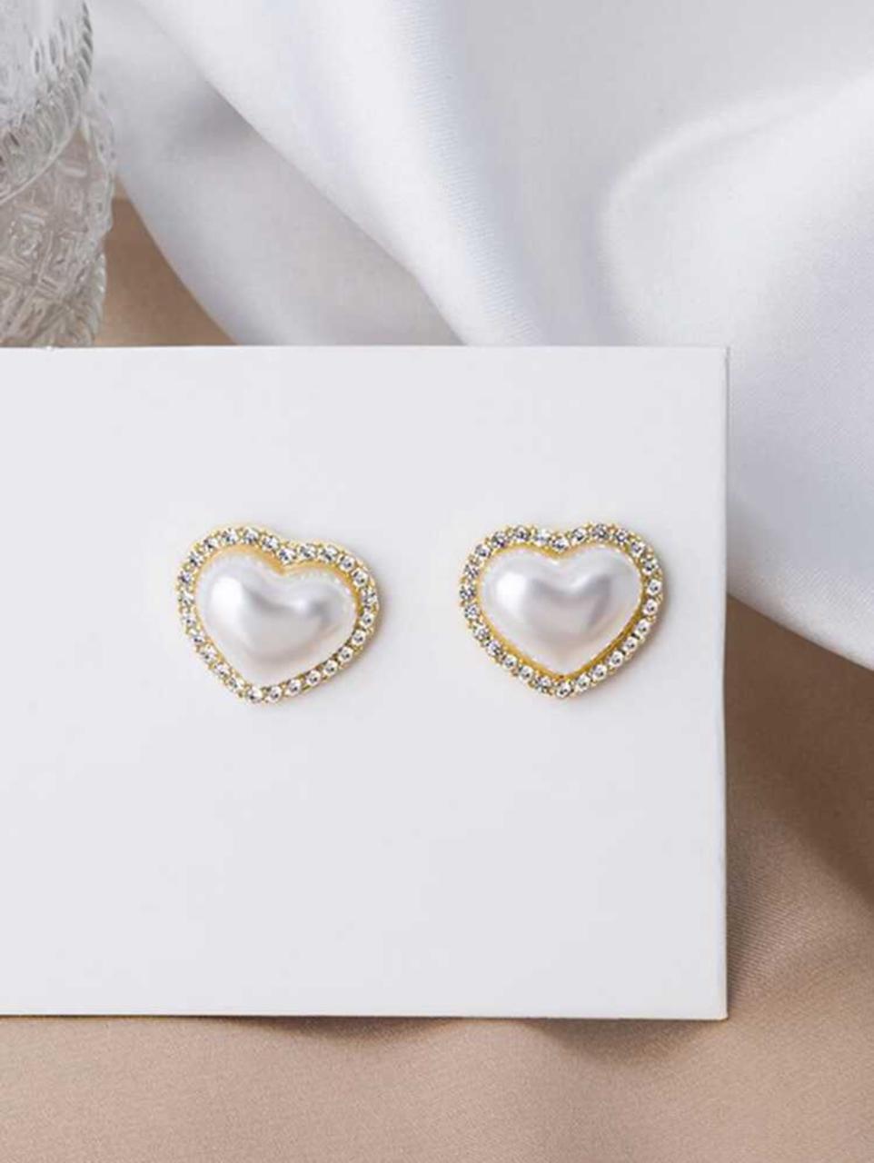 Faux Pearl Heart Square Rhinestone Stud image 1
