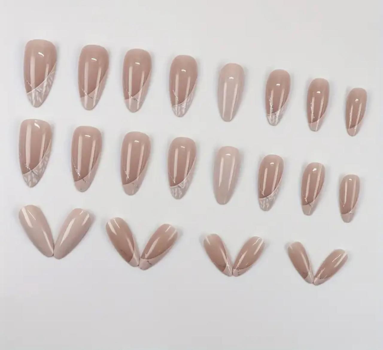 Chic Almond-Shaped, Golden Glitter Accents, Medium Length, French Manicure Style, Easy to Apply & Remove Press-On Nails, Perfect for Casual Attire or Special Occasions. image 2