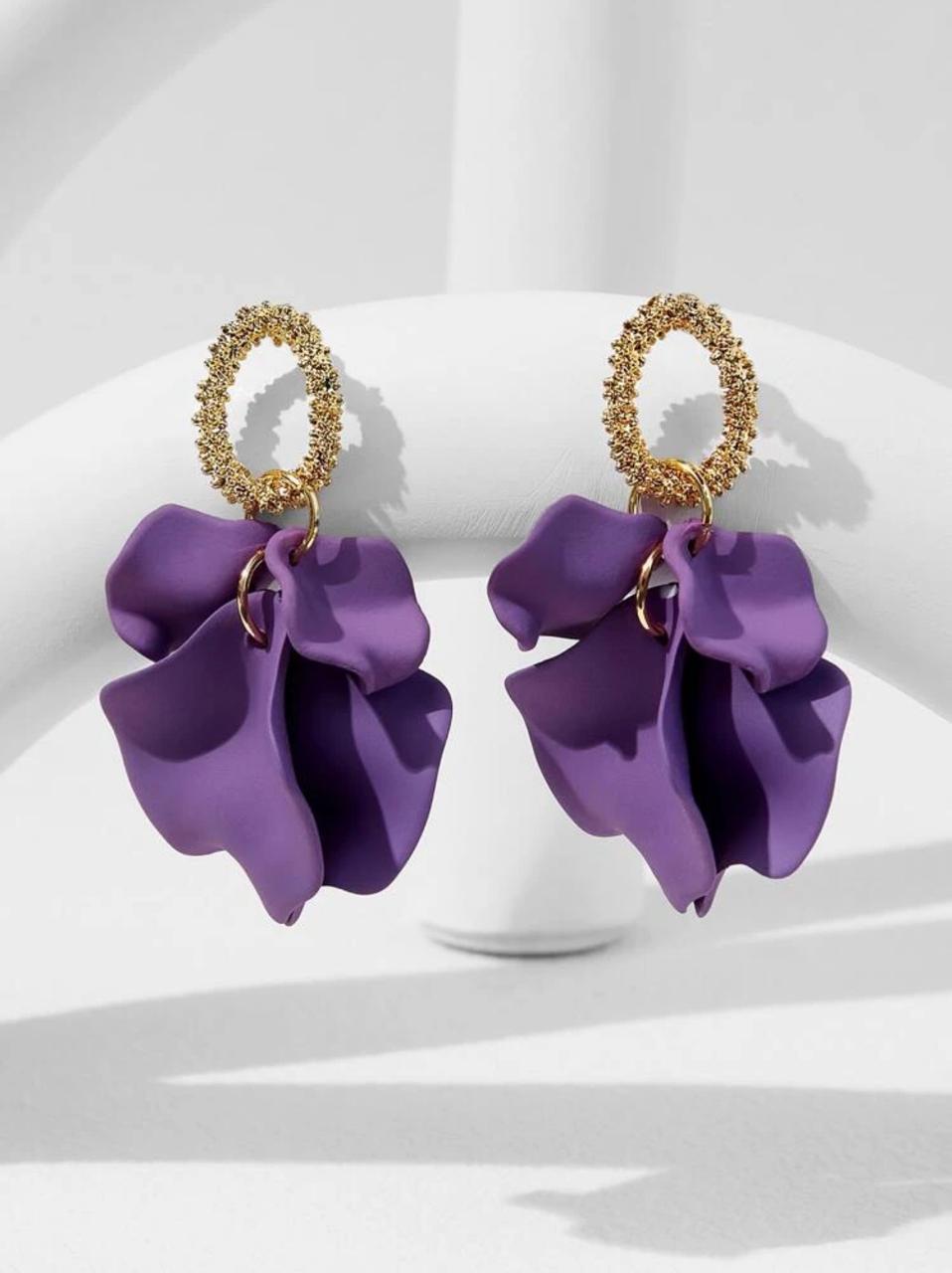 Petal Drop Earrings, featuring a delicate and elegant design inspired by nature's beauty - Purple image