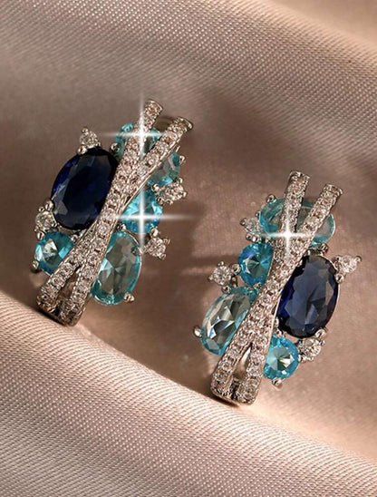 GORGEOUS BLUE WHITE CUBIC ZIRCONIA PAVED ELEGANT TRENDY ROUND D?COR EARRINGS image 2