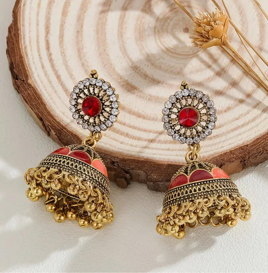 Bollywood-Style Jhumka, Golden-Plated Zinc Alloy with Rhinestone Embellishments, Multi-Color Beaded Tassels & Floral Design. image 1