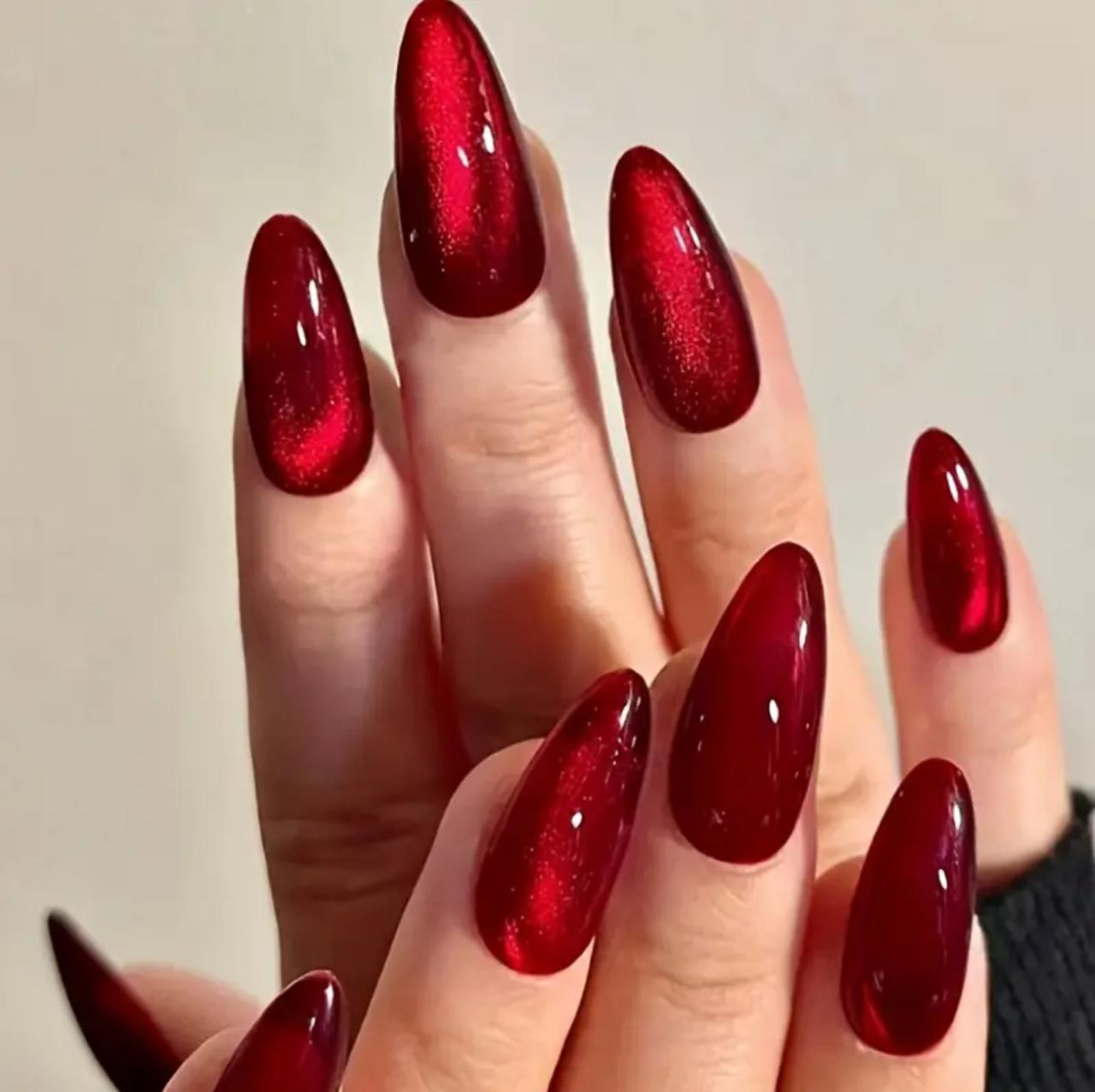 24 pcs/set Y2K Aesthetics Blood Red Crystal Cat'S Eye Press On False Nails, Includes 1pc Nail File, Suitable for Women and Girls Daily Wear image 1