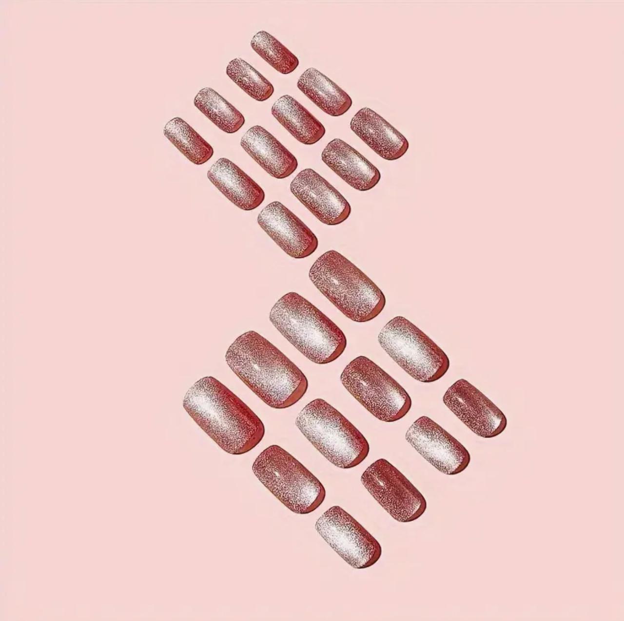 24Pcs Glitter Press On Medium Square Glitter Pinkish Cat Eye With Design Glossy Fake Nails image 2