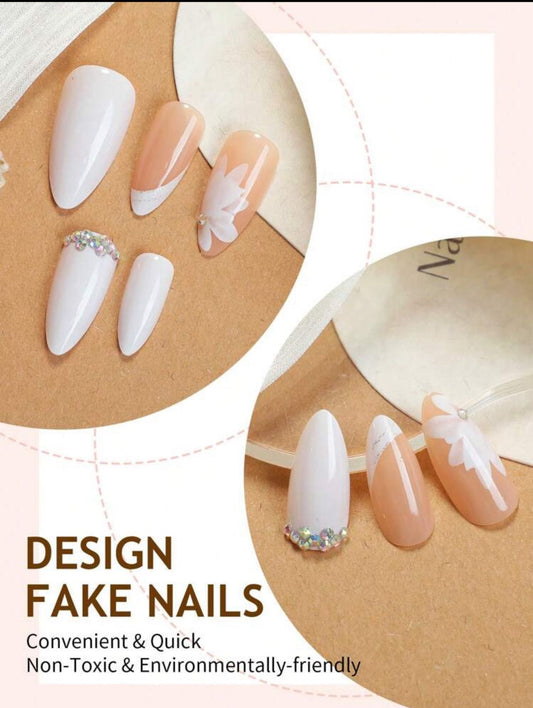 Medium Almond French Tip Having Flower Glitter And Rhinestone Elegant Design  Press On Nails image 1