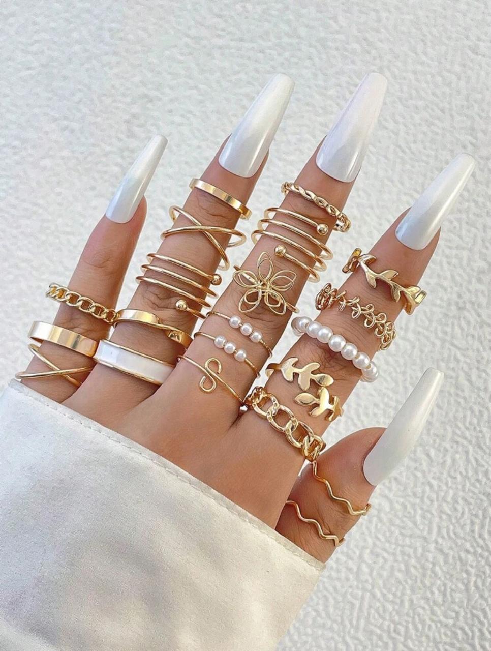21pcs/Set Creative Personalized Alloy Letter S, Leaf, Flower, Twist Design, Faux Pearl & Beaded, Oil Drop Basic Ring Set image 0