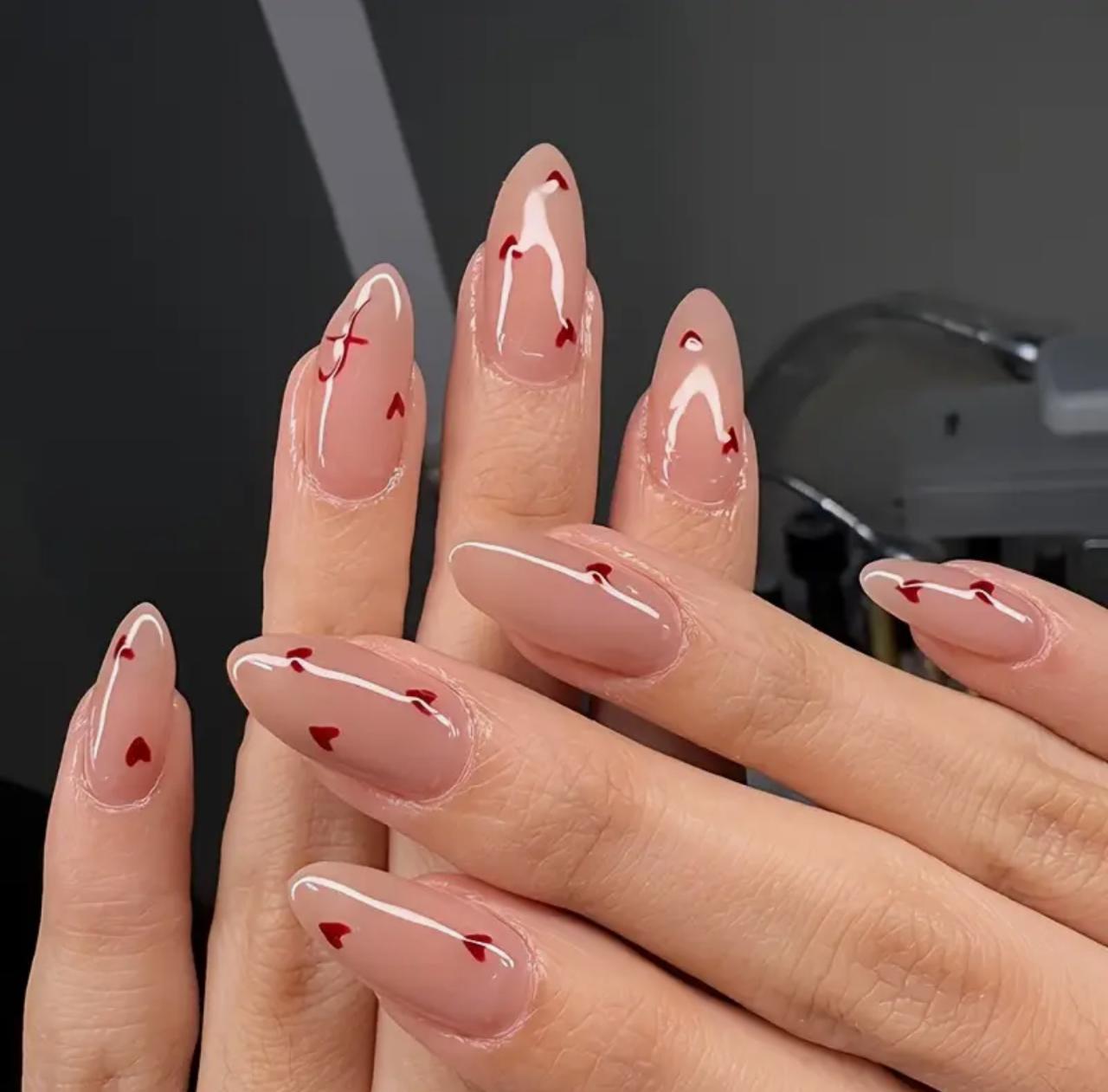 Almond Shaped Press-On Nails with Glossy Red Heart Design image 0