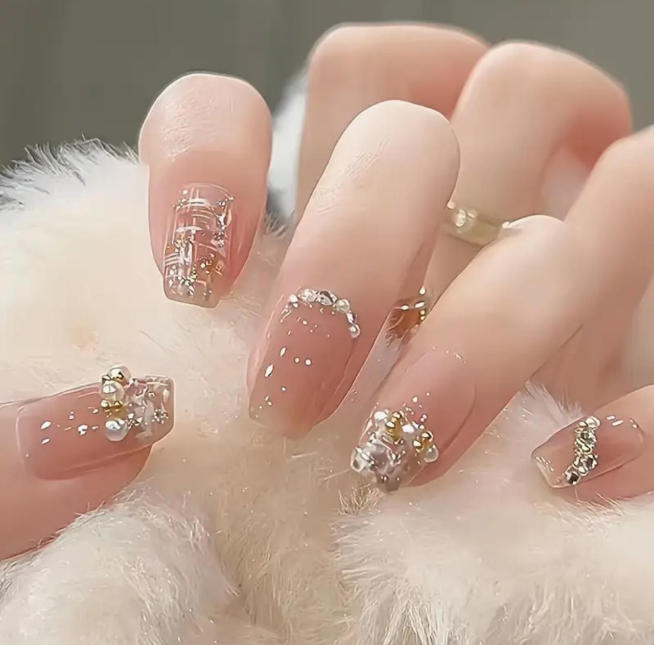 Chic Pink Ballet Press-On Glossy Finish Nails with Pearls & Glitter image 0