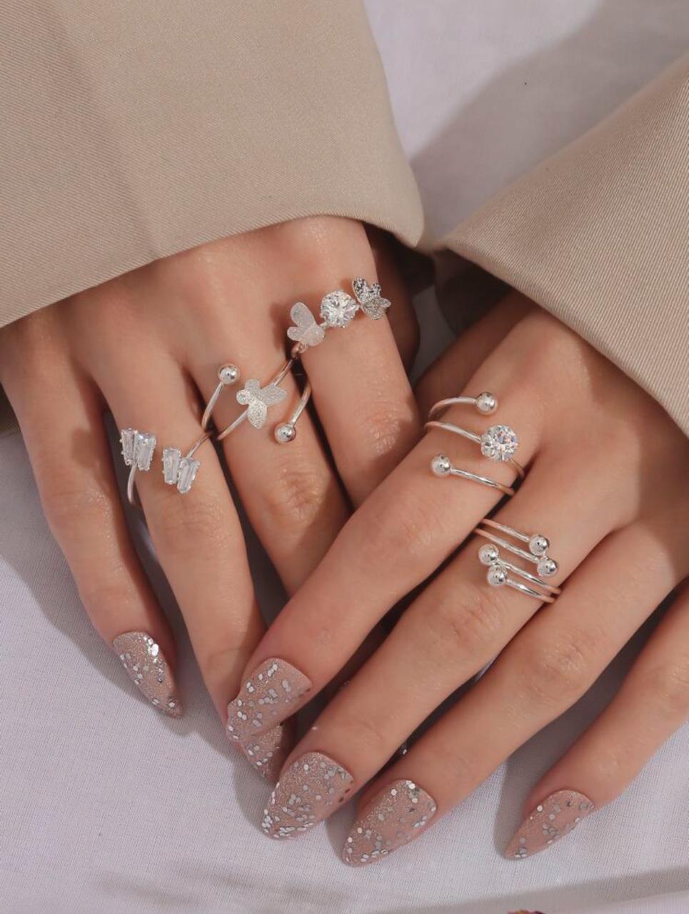5pcs/set Fashionable Zinc Alloy Cubic Zirconia & Butterfly Decor Cuff Ring image 3