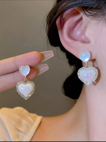 Faux Pearl Heart Drop Rhinestone Earrings image 2