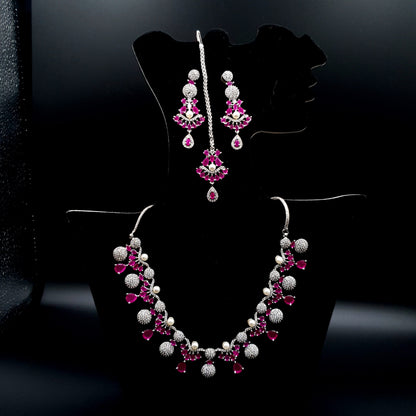 BRIDEL & PARTY WEAR SILVER WITH ZARQAN PINK NEKLACE SET (NEKLACE, BINDI & EAR RINGS) image 3