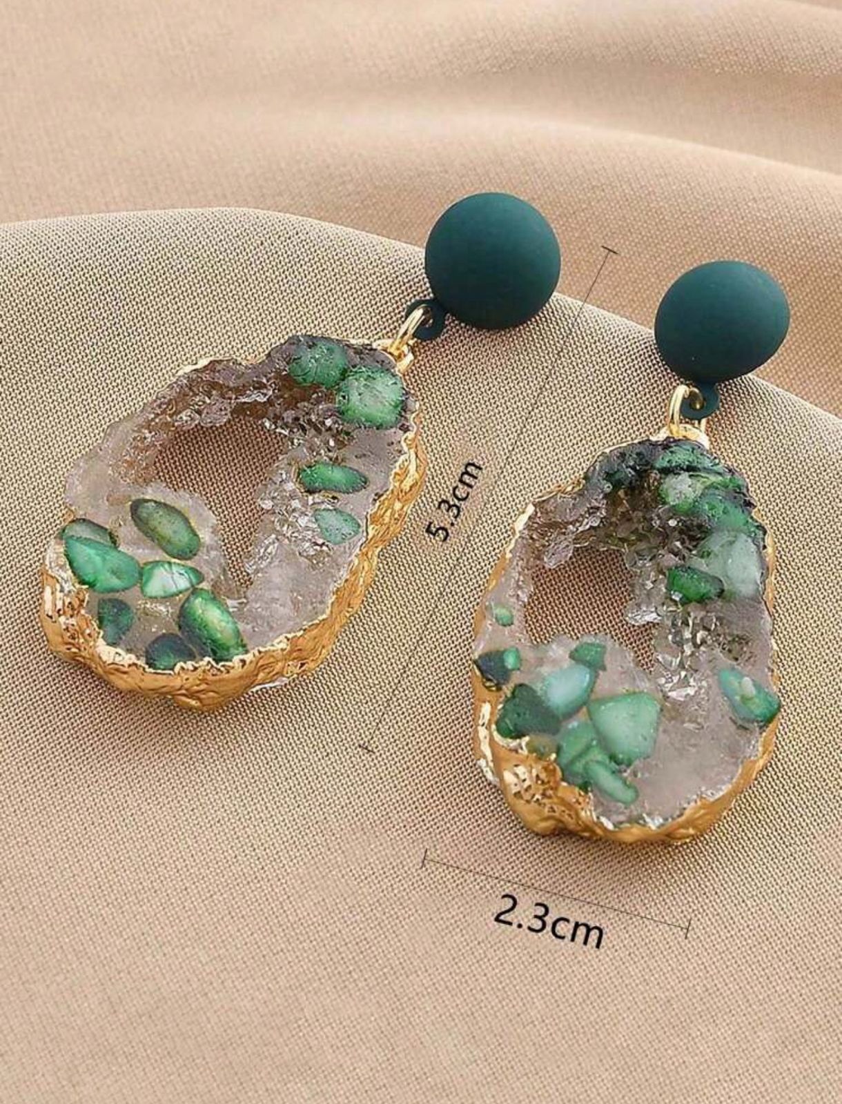 Asymmetrical Vintage Green Resin Transparent Stone Dangle Earrings image 2