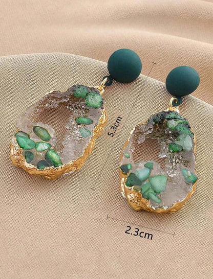 Asymmetrical Vintage Green Resin Transparent Stone Dangle Earrings image 2
