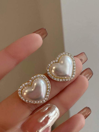 Faux Pearl Heart Square Rhinestone Stud image 2