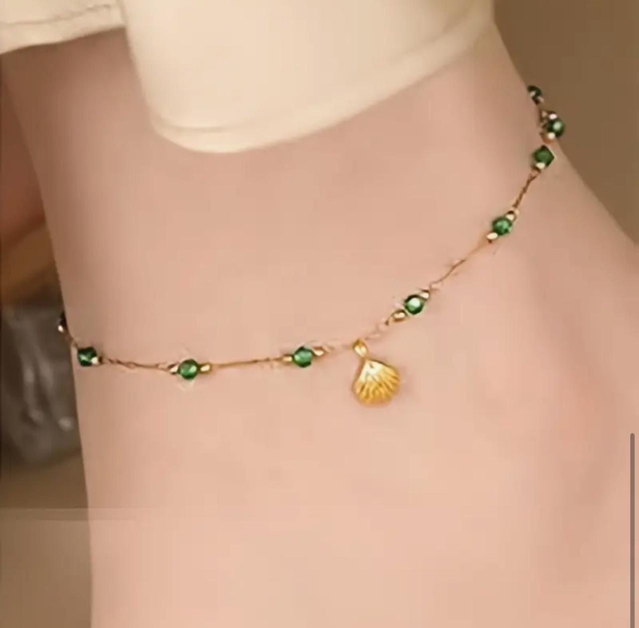 Elegant Shell & Green Bead Anklet - Durable Alloy, Perfect for Shopping, Dates, and Outdoor Activities image 1
