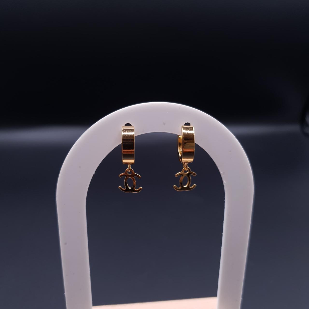 Gold Hoop Earrings with Dangling Double-C Charm image 7