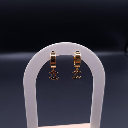 Gold Hoop Earrings with Dangling Double-C Charm image 7