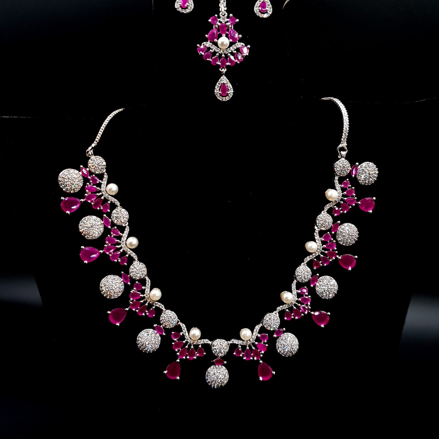 BRIDEL & PARTY WEAR SILVER WITH ZARQAN PINK NEKLACE SET (NEKLACE, BINDI & EAR RINGS) image 0