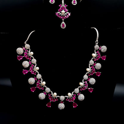 BRIDEL & PARTY WEAR SILVER WITH ZARQAN PINK NEKLACE SET (NEKLACE, BINDI & EAR RINGS) image 0
