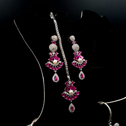 BRIDEL & PARTY WEAR SILVER WITH ZARQAN PINK NEKLACE SET (NEKLACE, BINDI & EAR RINGS) image 4