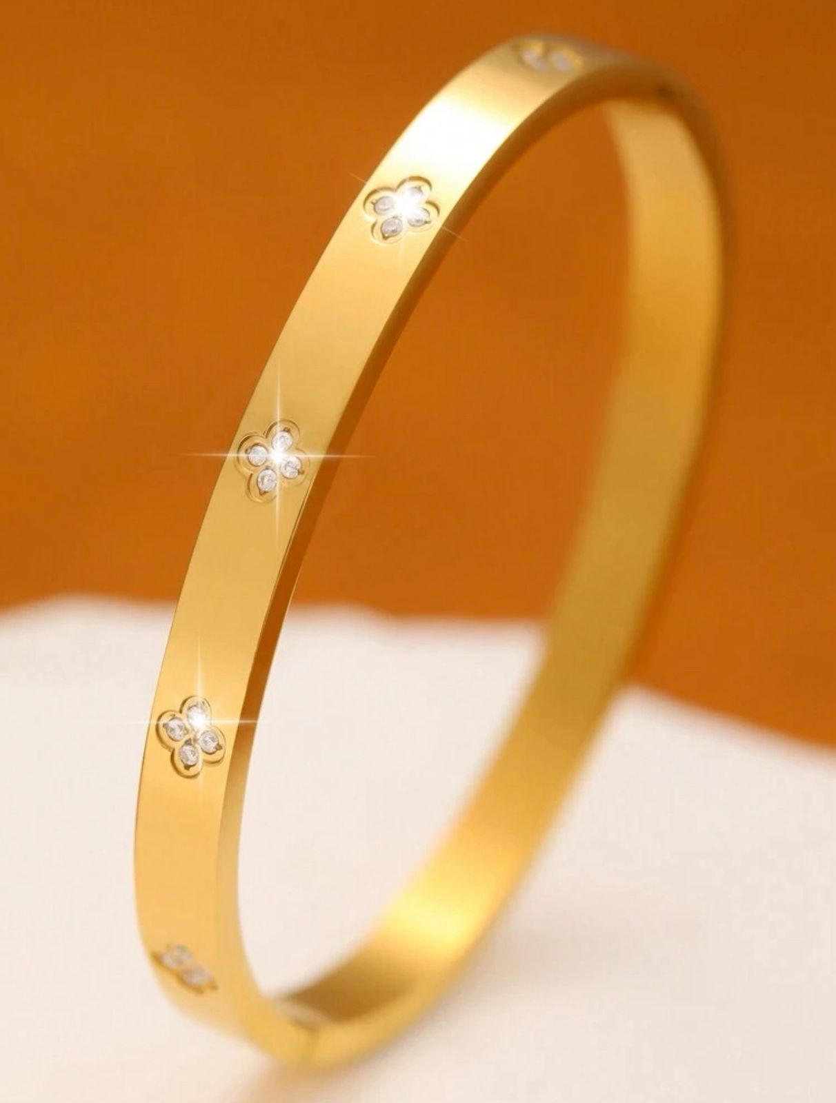 Premium Luxury Elegant 4-Leaf Clover Zirconia Stainless Steel Bracelet & Bangle Set image 2