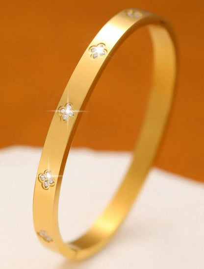 Premium Luxury Elegant 4-Leaf Clover Zirconia Stainless Steel Bracelet & Bangle Set image 2